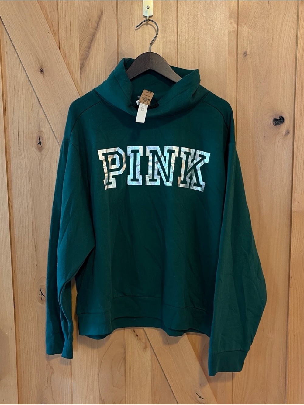 PINK Victoria's Secret Green Pullover Sweatshirt Mock Neck XXL Spellout NWT